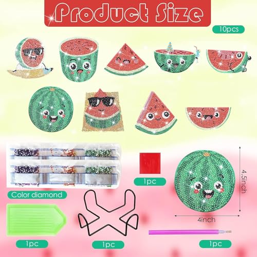 Image of 9 Pcs Watermelon Shaped Diamond Painting Coasters Set - Irregular Shaped Diamond Art Drink Coasters with Holder, Summer Irregular Fruit Slice Drink Coasters for Table Decor Coffee Tea Cup