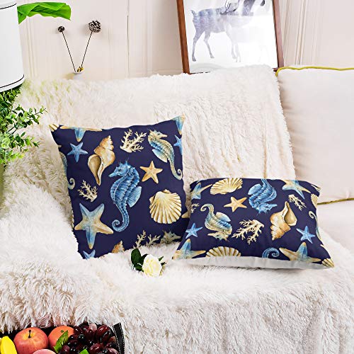 CaliTime-Throw-Pillow-Cases-Pack-of-2-Cozy-Seahorse-Conch-Shell-Coral-Starfish-Print-Cushion-Covers-for-Couch-Bed-Sofa-Farmhouse-Decoration-18-X-18-Inches-Navy-Blue 51WLhI9KmeL