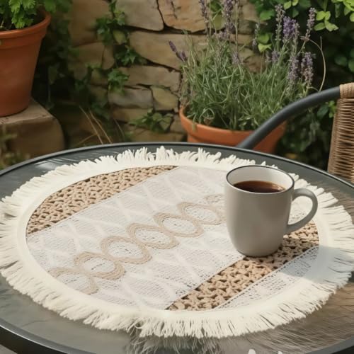 Image of HomeCloud Croshia Woven Table placemat - Heat Resistant, Washable Table Decoration for Dining, Office, Kitchen, Hotel, and Home (Round White Baige, Set of 6)