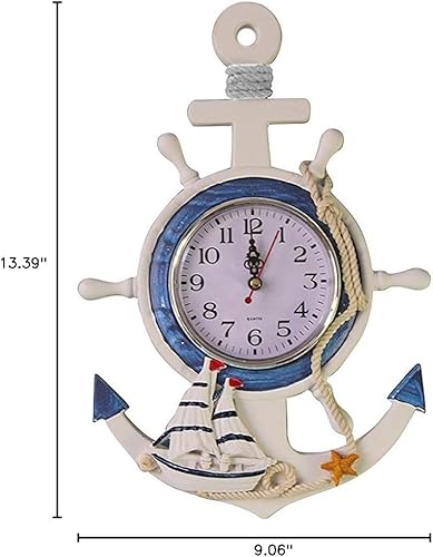 Miniatura 6 de Reloj de ancla de estilo mediterráneo, tema de playa, mar, rueda náutica, timón, volante, decoración para colgar en la pared