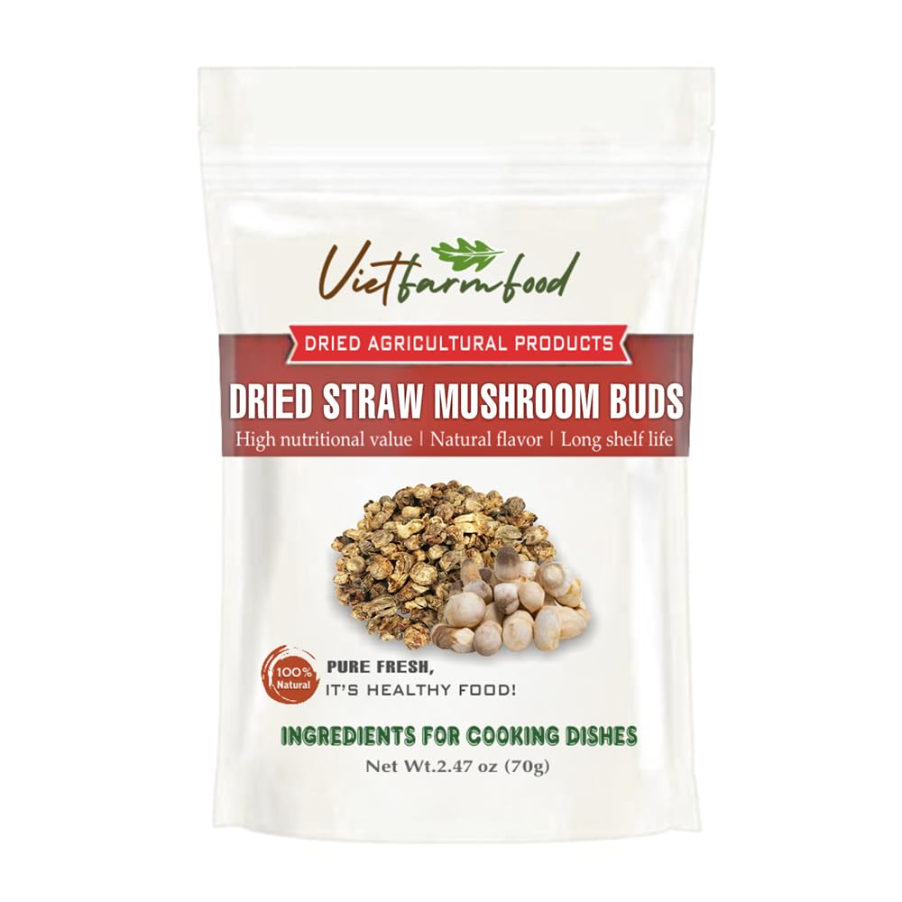 DRIED STRAW MUSHROOMS 2.47 Oz (70g) VIETFARMFOOD: Dried agricultural products with pure natural flavor. Used as cooking ingredients to prepare delicious, nutritious dishes, suitable for vegetarians