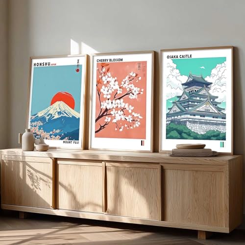 Image of kotart Japan Nature Art and City View Wall Framed Posters | Japanese Nature Art and City View Aesthetic Framed Poster for Living Room Bedroom Gaming Room Studio Wall Decor Set Of 3 (13X17 inch)