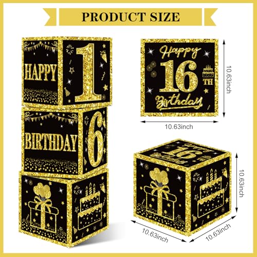 Image of Eiurteao 3pcs 16th Birthday Decorations Boxes for Girls Boys, Black Gold Happy 16 Birthday Balloons Boxes Party Supplies, Sweet 16th Year Old Bday Theme Cardboard Box