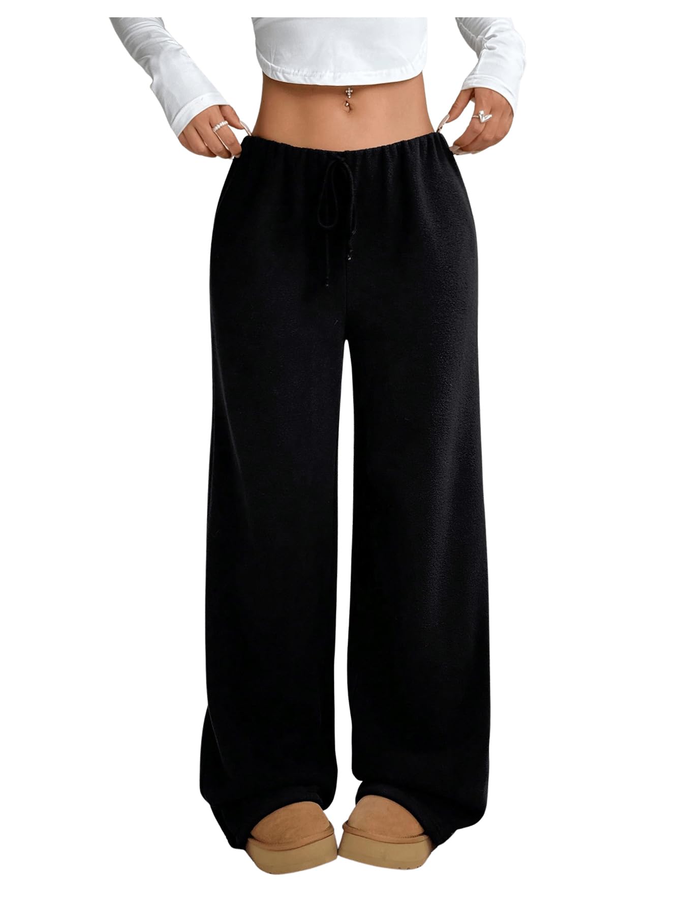 SOLY HUX Womens Baggy Pants Drawstring Elastic Waist Straight Leg Fleece Long Trousers