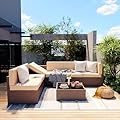 Pamapic Patio Furniture Set, 7 Pieces Modular Outdoor Sectional, Patio Sectional Sofa Conversation Set, Rattan Sofa with Coffee Table and Washable Cushions Covers, Brown Rattan and Beige Cushions