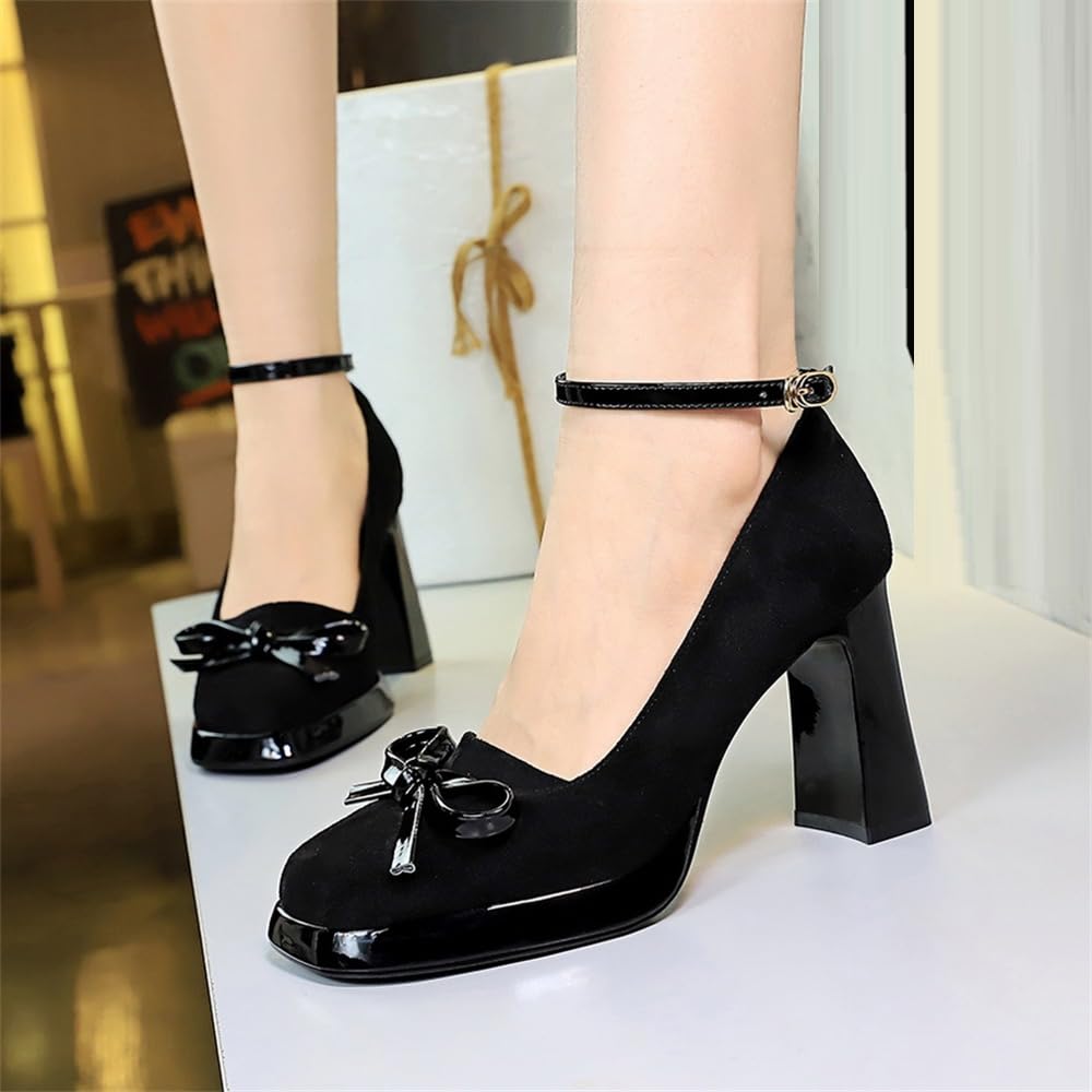 YGJKLIS Donna chiuso quadrato dita della caviglia cinturina grossa tacchi alti 9cm camomile elegante formale lavoro ufficio piattaforma pompe scarpe