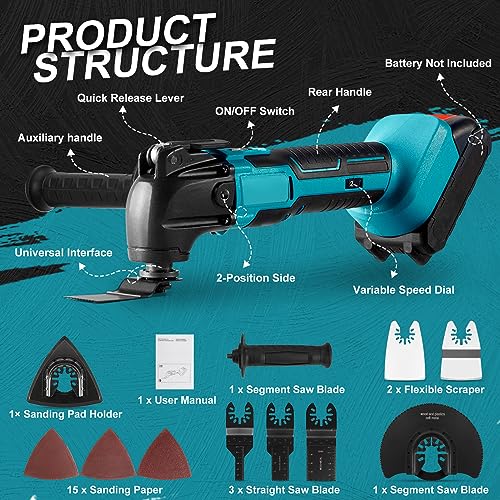 Multifunctioneel gereedschap compatibel met Makita 18 V lithium-accu, 170 W borstelloze motor oscillerend gereedschap voor snijden, polijsten, zagen, 6000-20000 tpm, 6-traps snelheidsregeling, zonder - Afbeelding 3