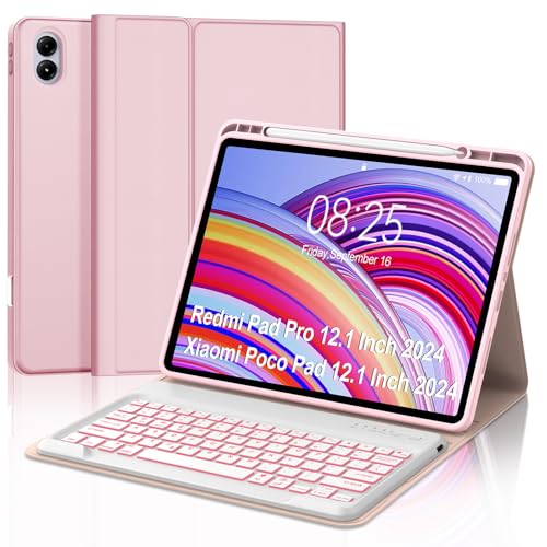 Image of Keyboard Case for Redmi Pad Pro / Xiaomi Poco Pad 12.1 Inch Case with Backlit Keypad, Detachable Wireless Key Board Cover with Pen Holder for Xiaomi Redmi Pro 12.1 inch 2024, 7-Color Backlight, Pink
