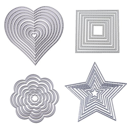 Dies Cut Cutting Die Heart Stitched Square Flower Love Star Nesting Metal Embossing Stencils for DIY Scrapbooking Photo Album Decorative DIY Paper Cards Making Gift Debossing Border 4set (Set 1)