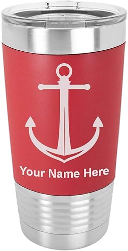 Miniatura 6 de LaserGram Vaso aislado al vacío de 20 onzas, ancla de barco, grabado personalizado incluido (agarre de silicona, azul marino)