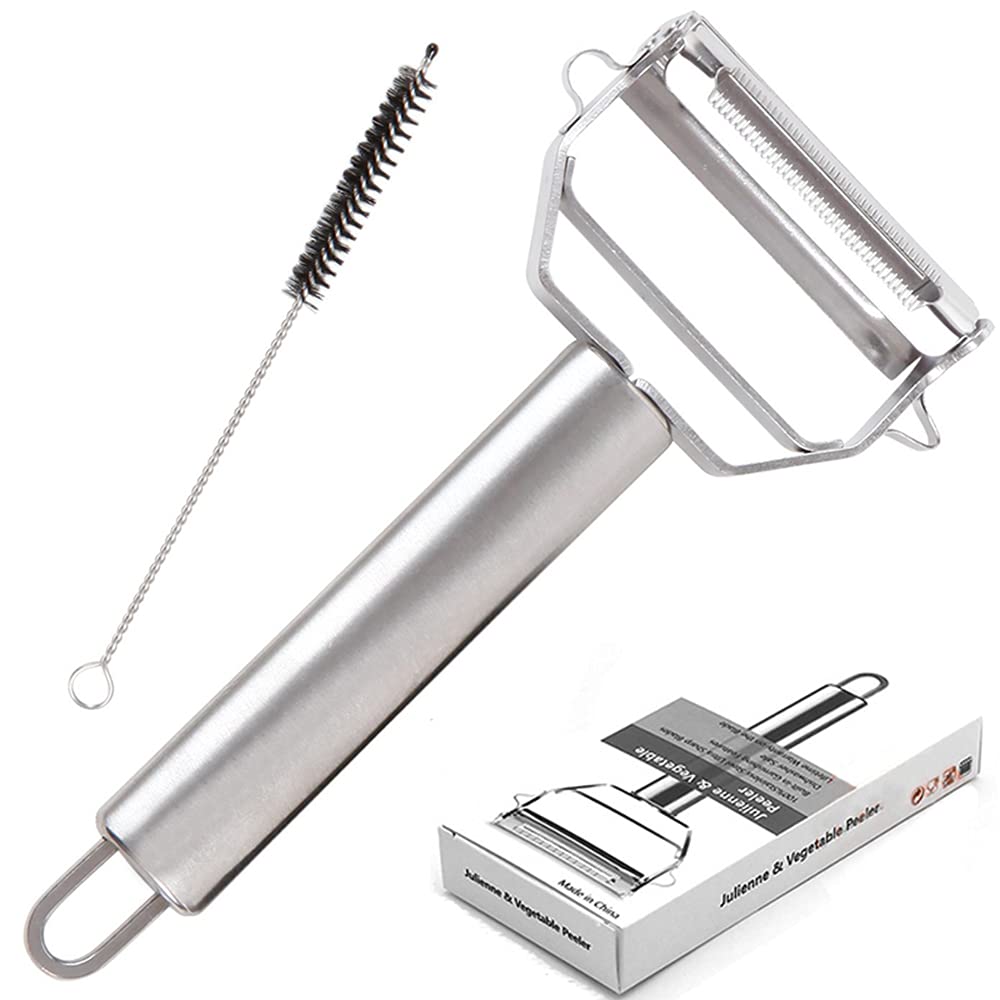 seeway Ultra Sharp Stainless Steel Dual Julienne & Vegetable Peeler with Cleaning Brush & Blade Guard for Carrot Potato Melon Gadget Vegetable Fruit