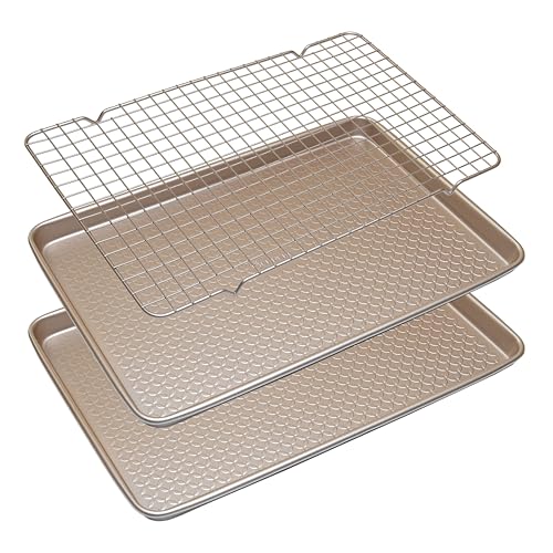 Erreke Bandejas de Horno, Doble Capa Antiadherente, Acero de Carbono Heavy Duty Grosor 0.8mm, Superficie Diseño Diamante, Set de Dos Bandejas de Horno y Una Rejilla, 40x27x2,4 cm, Color Dorado