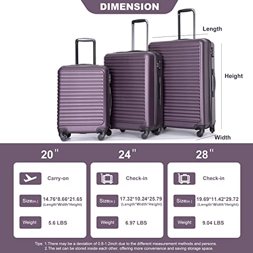 3 Piece Luggage Sets ABS Lightweight Suitcase with Two Hooks, Spinner Wheels, TSA Lock, (20/24/28) PURPLE3