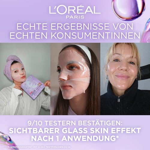 L'Oréal Paris Glass Skin Hydrogel 4er Maskenbox, für aufgepolsterte & glowy Haut, feuchtigkeitsspendend & glättend, [mit Hyaluronsäure], Revitalift Filler, Vorteilsset, 100g