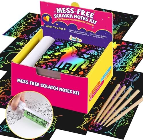 Rainbow Scratch Paper, Kids Stocking Stuffers,100 PCS Scratch Notes with Reusable Cleaner Tool, Crafts for Kids Ages 4-8, Classroom Prizes, School Supplies, Birthday Party, Christmas Gifts Girls