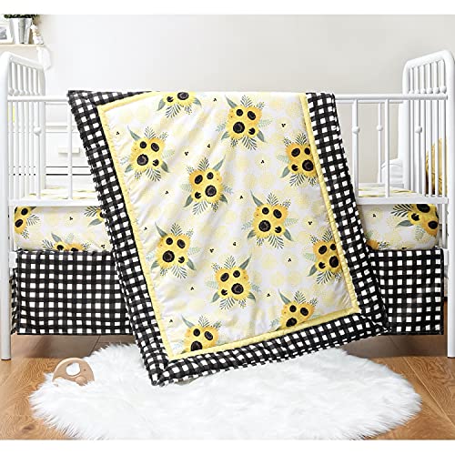 Image of The Peanutshell 3 Piece Baby Crib Bedding Set for Girls - Newborn, Infant & Toddler Nursery Bed Set Decor with Fitted Crib Sheet, Dust Ruffle, Comforter - Sunflower