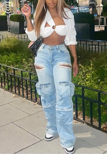 LETSVDO Women's Rhinestone Cargo Jeans High Waisted Wide Leg Baggy Sexy Ripped Cut Out Distressed Stretch Denim Pants4