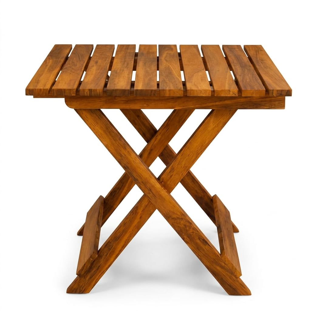 Raxily Wooden Folding Side Table, Brown Antique Finish, 15 Inch