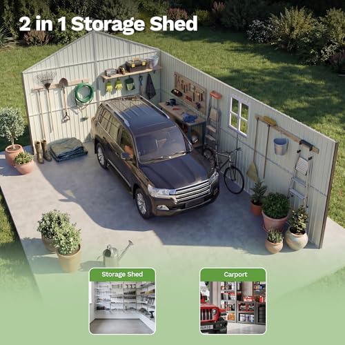 Image of Patiowell 12x20 FT Outdoor Storage Shed, Large Metal Garden Shed with Lockable Doors & Windows, Waterproof Reinforced Tool Shed with Side Door & Air Vents for Cars Trucks Boats, Black