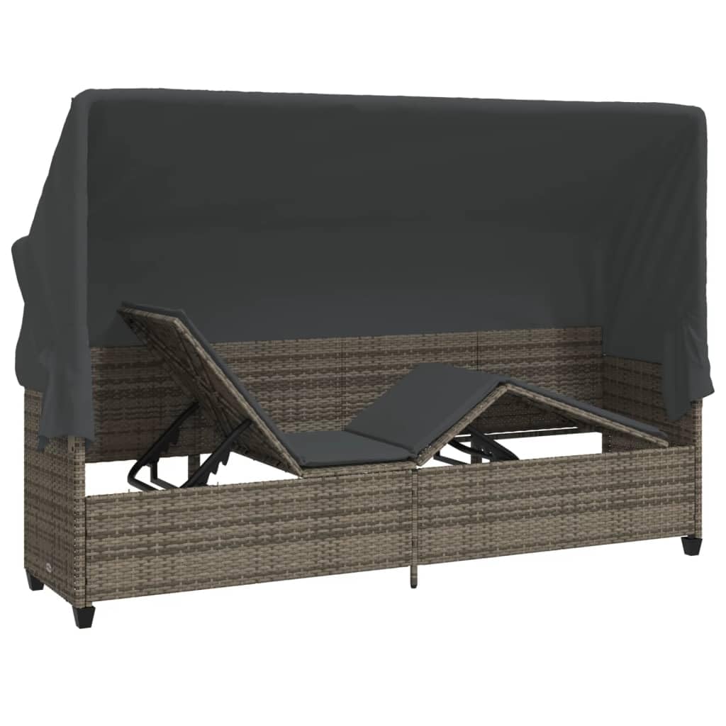 Homgoday Chaise Longue avec Auvent et Coussins Gris Résine Tressée, Bain de Soleil de Jardin, Lit de Camping Transat de Relax pour Plage, Extérieur, Balcon, Terrasse B