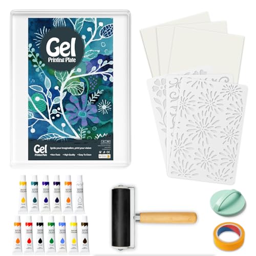 INNOVAYOU 5 * 7inch Gel Printing Kit with Gel Printing Rubber Roller Watercolor Paints Stencils Printing Paper Rollers and Baren Suitable for Card Making Arts and Crafts Scrapbooking Diary