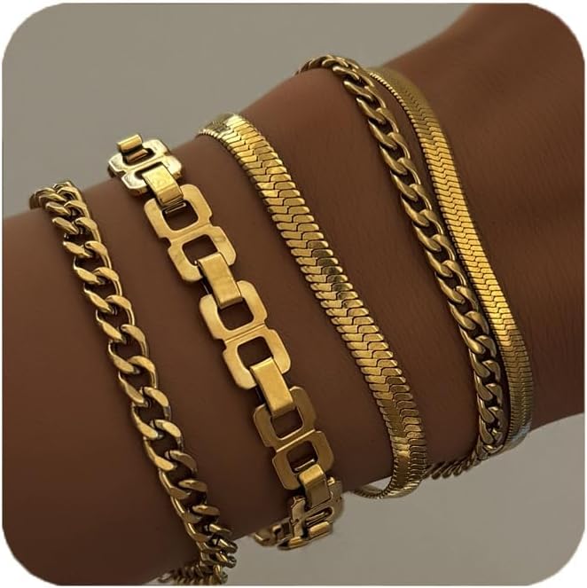 Gold Bangle for Women,14K Gold Dainty Bracelet Set Thin Stackable Trendy Cuban Link Paperclip Chain Bracelet Pack Fashion Summer Jewelry Gifts