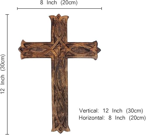 Miniatura 3 de Ajuny Cruz de pared decorativa de madera, larga para colgar a mano, tallada a mano, diseño floral, iglesia de Christan, montada en la pared,