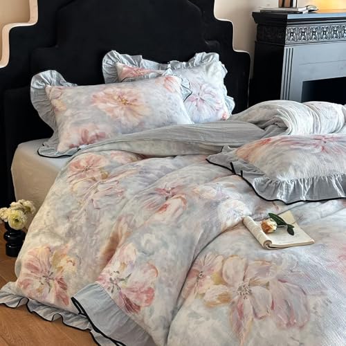 mixinni Vintage Blue Floral Duvet Cover Set Full Size - 100% Cotton Double Gauze Crinkle Bedding with Ruffled Lace, 3-Piece Romantic Cottagecore Style Pink Floral Duvet Cover, Breathable & Soft