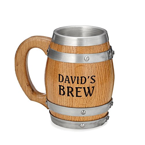 Thousand Oaks Barrel Co. | Personalized American Oak Barrel Beer Mug Tankard with Stainless Steel Interior - 16 oz | Engrave With the Name of Your Choice