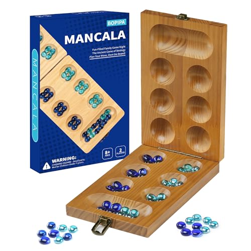 BOPIPA Mancala Board Game Set - Wooden Folding Design with Locking Latch, 56 Colorful Glass Stones,...