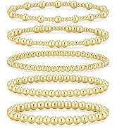 Dodder Gold Beaded Bracelet for Women, 14K Gold Plated Strand Stretch Bracelet Stack, Elastic Bea...