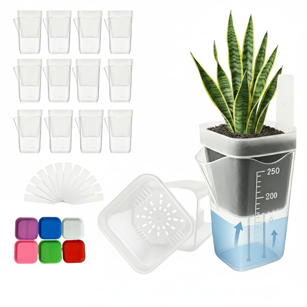 Pots à arrosage automatique pour plantes d'intérieur. Pots de pépinière transparents avec drainage. 12 ensembles de pots de fleurs transparents de 6,3 cm avec noyaux en coton et marqueurs de niveau