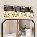 4-Light Farmhouse Bathroom Vanity Light Fixtures, Wood Bathroom Light Fixtures Over Mirror, Rustic Sconces Wall Lighting with Elegant Metal Lampshade for Living Room, Bedroom, Hallway
