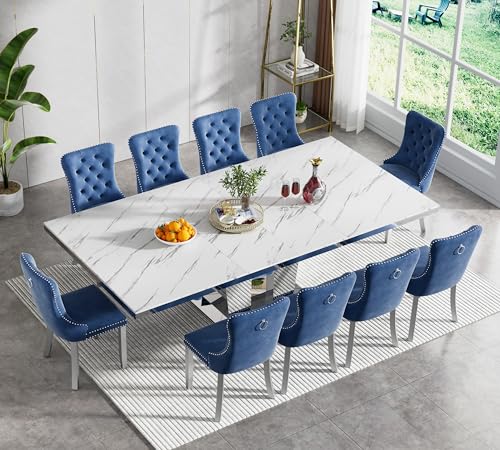 Image of 11-Piece Extendable Dining Table Set for 10, Modern 63 inch-94 inch White Faux Marble Expandable Kitchen Table Set with 10 Velvet Chairs,Large Extendable Dining Room Tables w /Mirrored Columnar Base