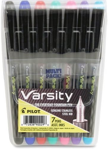 Pilot Varsity Disposable Fountain Pen - Medium Pen Point Type - 1 mm Pen Point Size - Assorted Ink - Silver, Black Barrel - 7 / Pack by Pilot