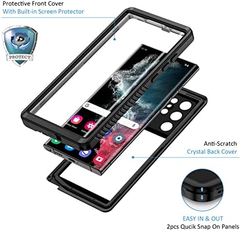 Lanhiem for Samsung S22 Ultra 5G Case, Waterproof S22 Ultra Cover Dustproof Shockproof Case with Built-in Screen Protector, Full Body Underwater Protective Case for Galaxy S22 Ultra 6.8 Inch, Black