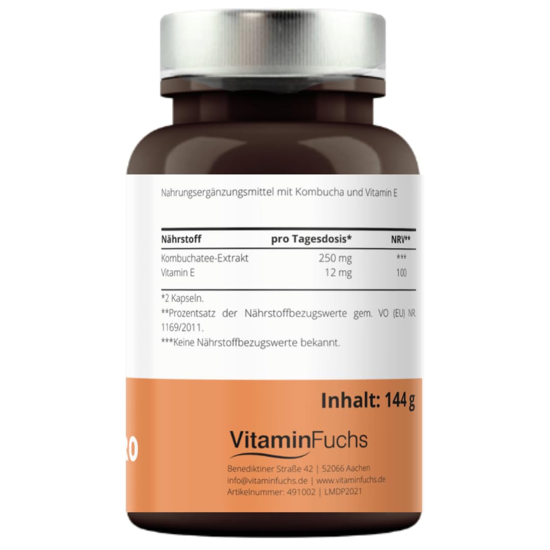 Kombucha Kapseln mit Vitamin E - 3 Monatsversorung mit 180 Kapseln - Kombucha Pilz - Premium Vitamin E Kapseln mit Kombucha-Extrakt von VitaminFuchs