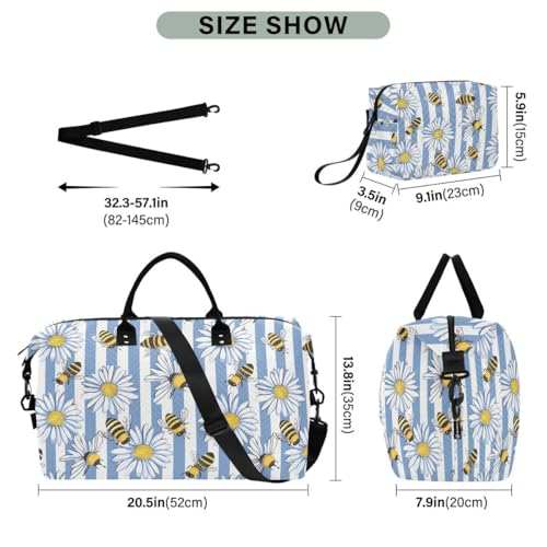 Bee Daisy Flower Blue Striped Travel Duffle Bag Gym Bag Weekender Bags with Toiletry Bag Travel Trip Tote Bag3