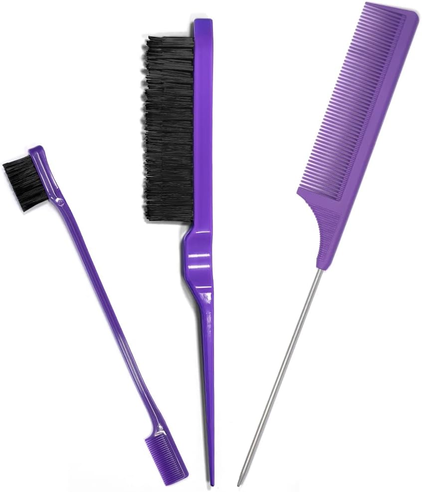 adorisla 3 Pieces Hair Brush Set Edge Brush and Comb for Edge Control Wig & Baby Hair Brush Double Sided Hairline Brush Smooth Comb Grooming Rat Tail Combs Purple Set