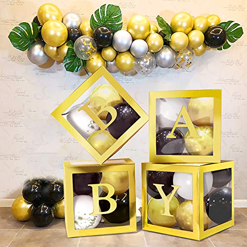 Baby Shower Decorations DIY Transparent Box Latex Balloon for Boy Girl Baby Shower Baby Birthday Party Decoration Backdrop 4 Pcs Baby Shower Boxes and 3 Pack Baby Stickers (Gold)