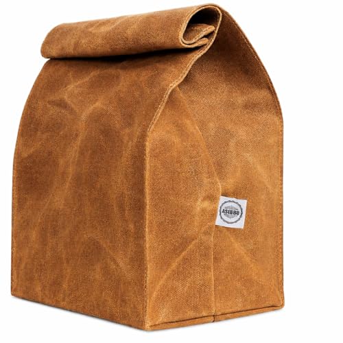 ASEBBO Waxed Canvas Lunch Bag – Reusable Insulated Paper Bag-Style Lunchbox for Adults – Leakproof & Durable Sack Lunch Box for Work, Picnic & Travel – Stylish Brown Bag Cooler with Shoulder Strap