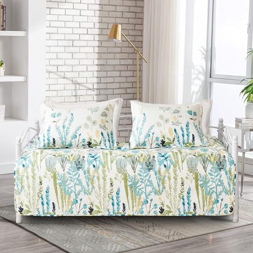 Image of Jarson 3 Pcs Floral Daybed Cover Set Twin Size Green White Flower Sofa Cover Bedding Sets Double Side Bed Set for All Season Botanical Pattern Daybed Quilt Set with Pillow Shams