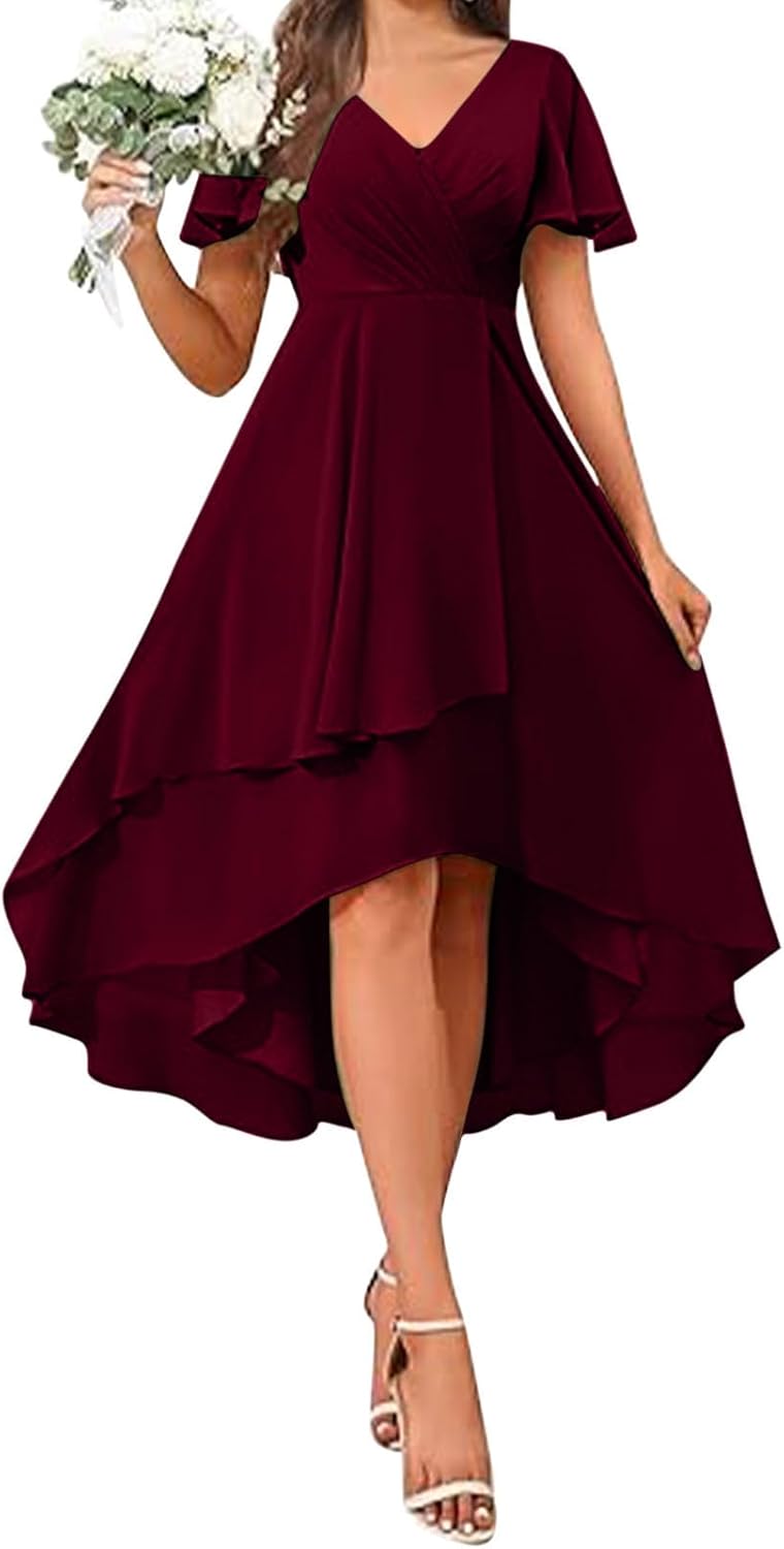 Wedding Guest Dress for Women High Low Short Sleeve Ruffle Hem Dress A-Line Flowy Cocktail Party Summer Dresses