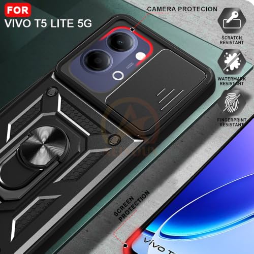 Image of Armor Bumper Back Cover Case for Vivo T5 Lite 44W 5G Rotating Camera Cover, Ring Holder & Kickstand | Heavy Duty & 360 Degree Protection Back Cover for Vivo T5 Lite 44W 5G (Black)