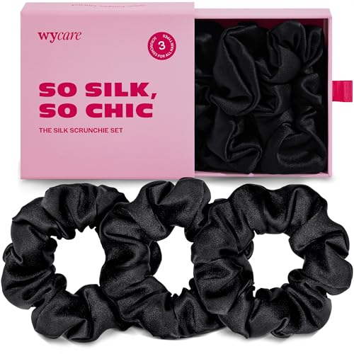 Wycare 100% Silk Scrunchies - Gentle on Hair Mulberry Silk Scrunchies for Women - Luxurious Sleep Ties for Women's Curly Hair (Set of 3 Black)