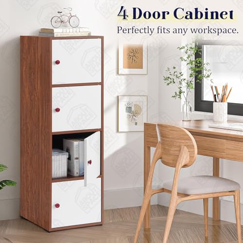 Image of ABOUT SPACE Wooden Cabinet - 4 Tier Storage Cabinet for Living Room with Magnetic Door, Space Saving Book Self for Home, Engineered Wood Kitchen Crockery Unit (Oak Red - L 38 x B 38.5 x H 133 cm)