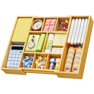 Marbrasse Bamboo Expandable Drawer Organizer, Desk Drawer Organizer Tray with 5 Dividers, Desk Organizers and Accessories, 10 Adjustable Compartments for Office Supplies, Junk, Makeup & Vanity