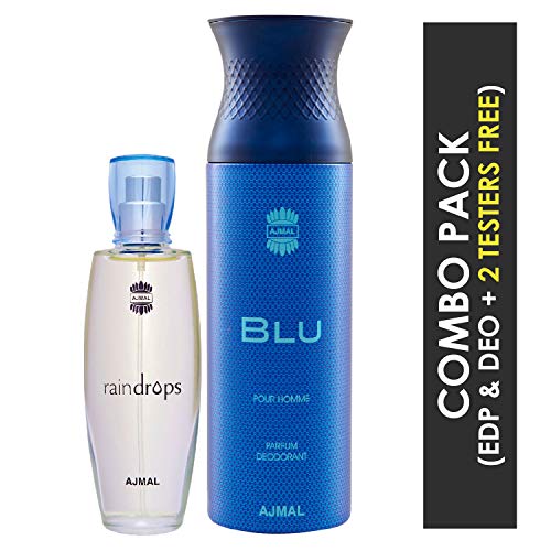 Image of Ajmal Raindrops EDP Floral Chypre Perfume 50ml for Women and Blu Homme Deodorant Aquatic Woody Fragrance 200ml for Men+1 Parfum Tester