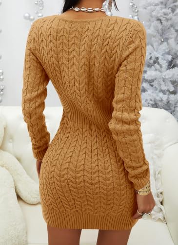 Image of Veatzaer Womens Zip V Neck Long Sleeve Cable Knit Mini Sexy Sweater Dressse | Casual,Slim Fit,Solid,2026 Fall Winter,Slim Fit,Long Sweater Dress,Half Zipper,Bodycon