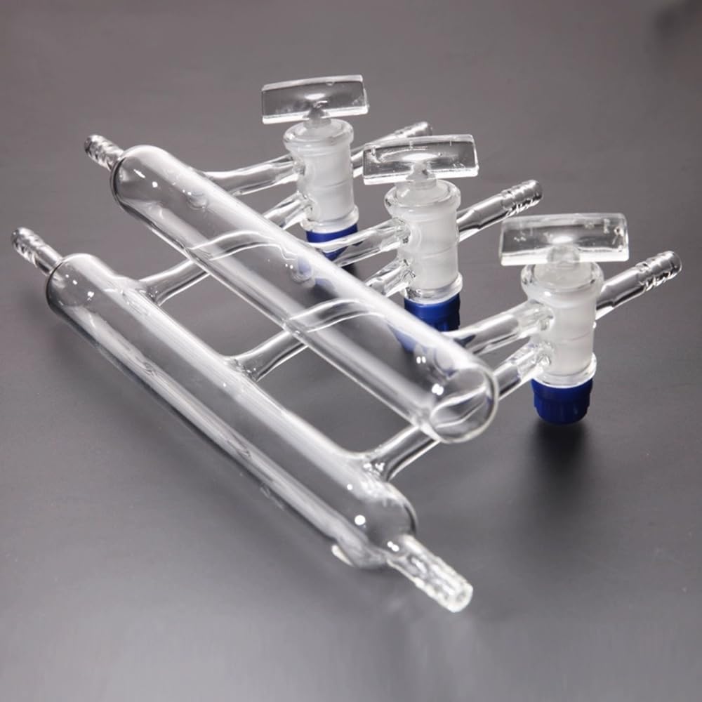 Distribuidor de al vacío con doble colector de vidrio for laboratorio, llave de paso de vidrio sólido de 4 puertos, diámetro exterior de 28 mm(3 Piston)